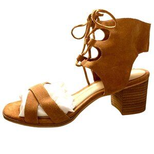 Brown Suede Open-Toe Sandals Festival Boho Concert Lace-Up Ankle Block Heel 9.5